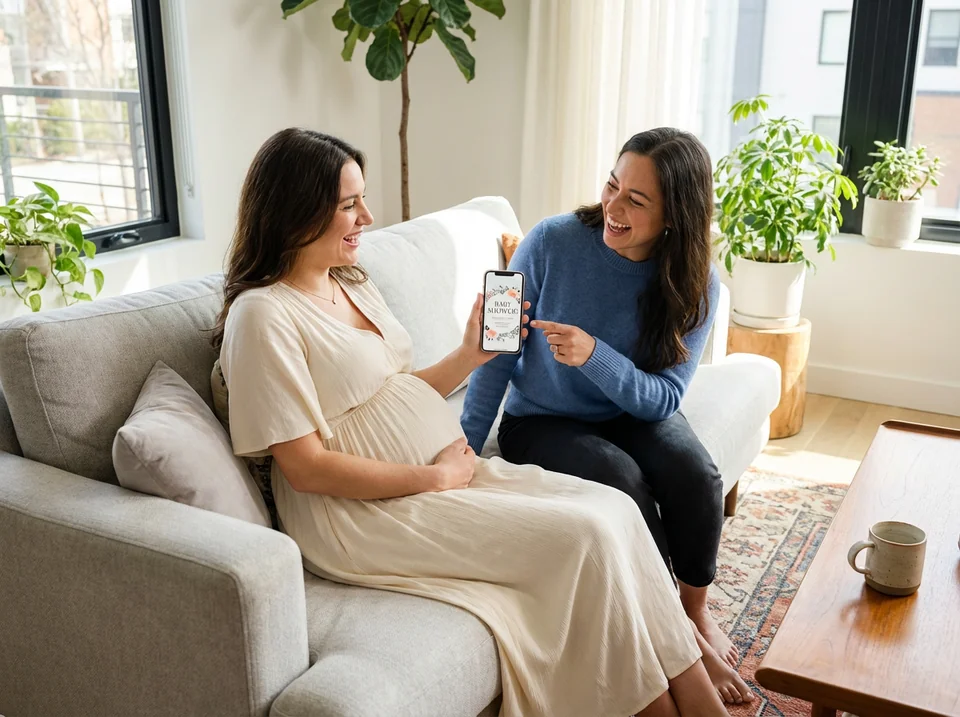 Expectant mother smiling while sharing digital baby shower invite on phone