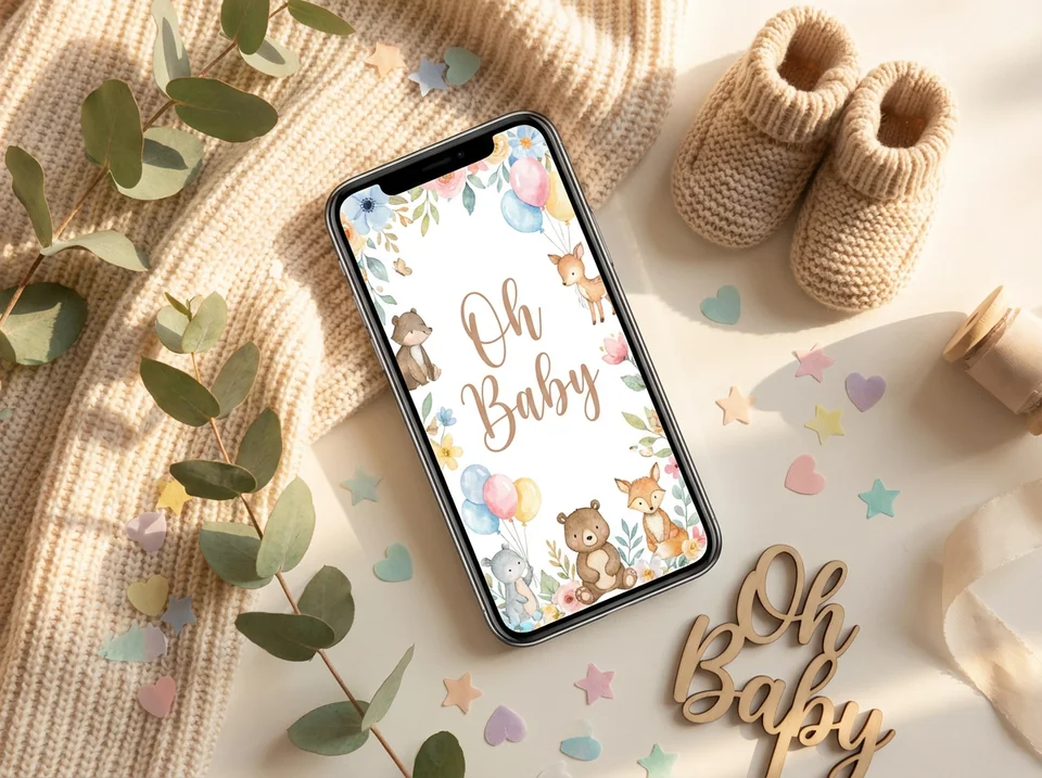 Smartphone displaying beautiful baby shower invitations with watercolor design and baby accessories