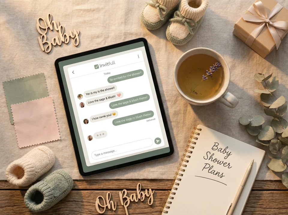 Cozy baby shower planning scene with tablet and baby booties