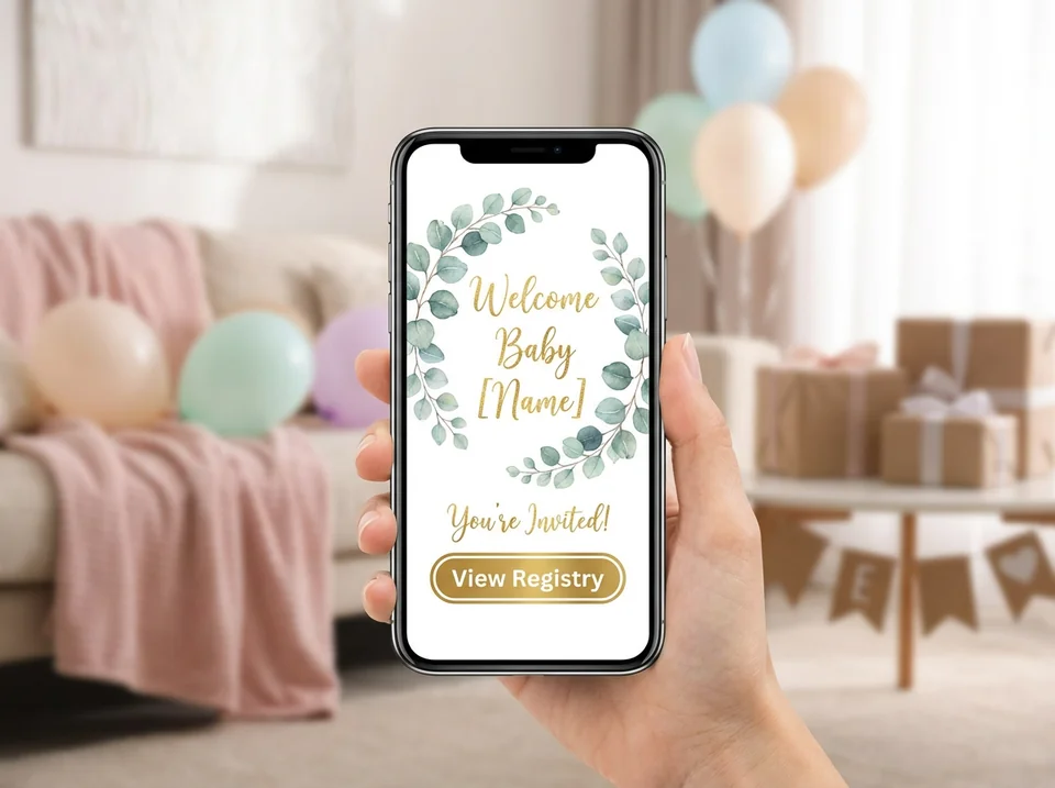Smartphone displaying elegant baby shower invitations with registry link button