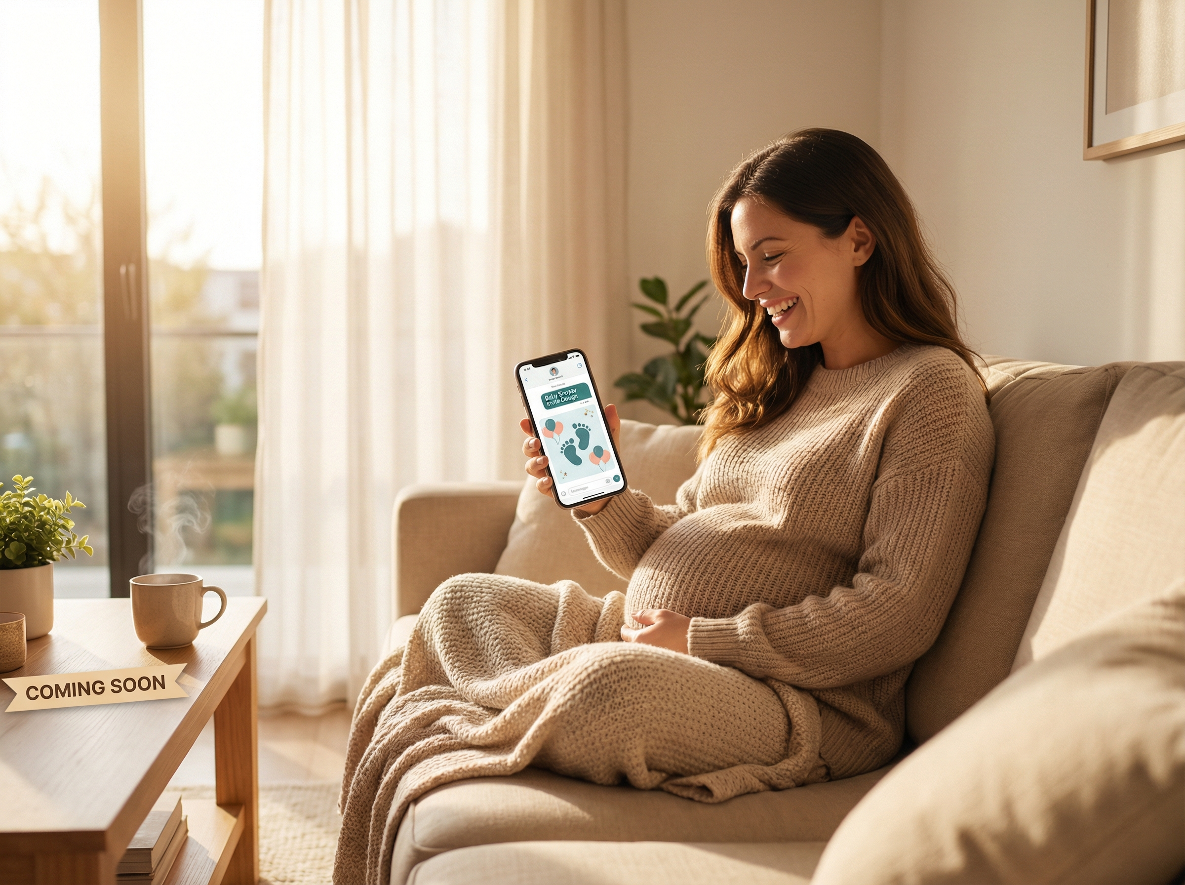 Expectant mother happily creating baby shower invitations with registry information on her mobile phone