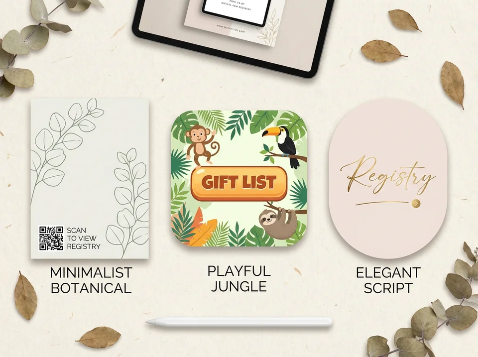 Various styles of baby shower invitations with registry information showing design versatility