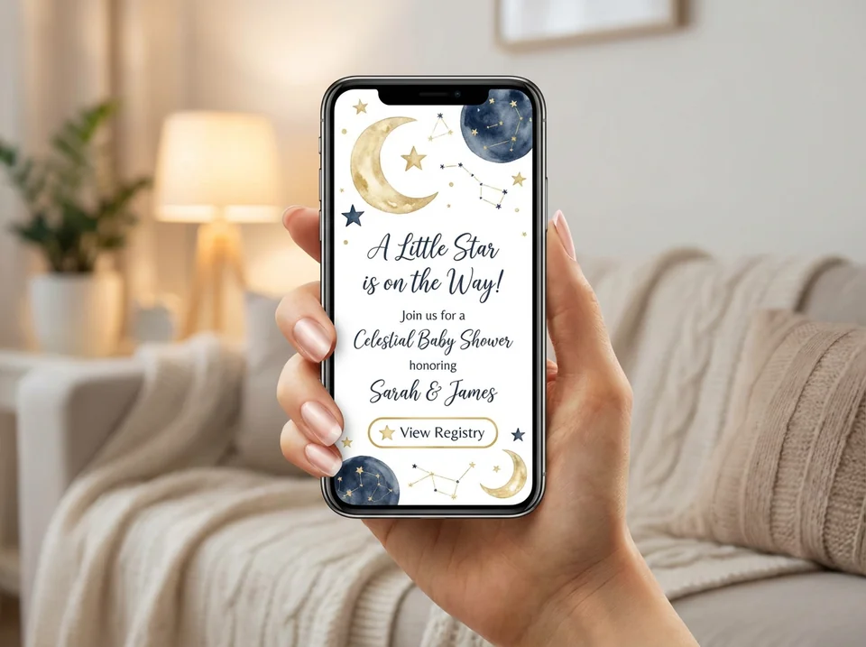 Digital baby shower invitations with registry link displayed on a smartphone screen with celestial theme