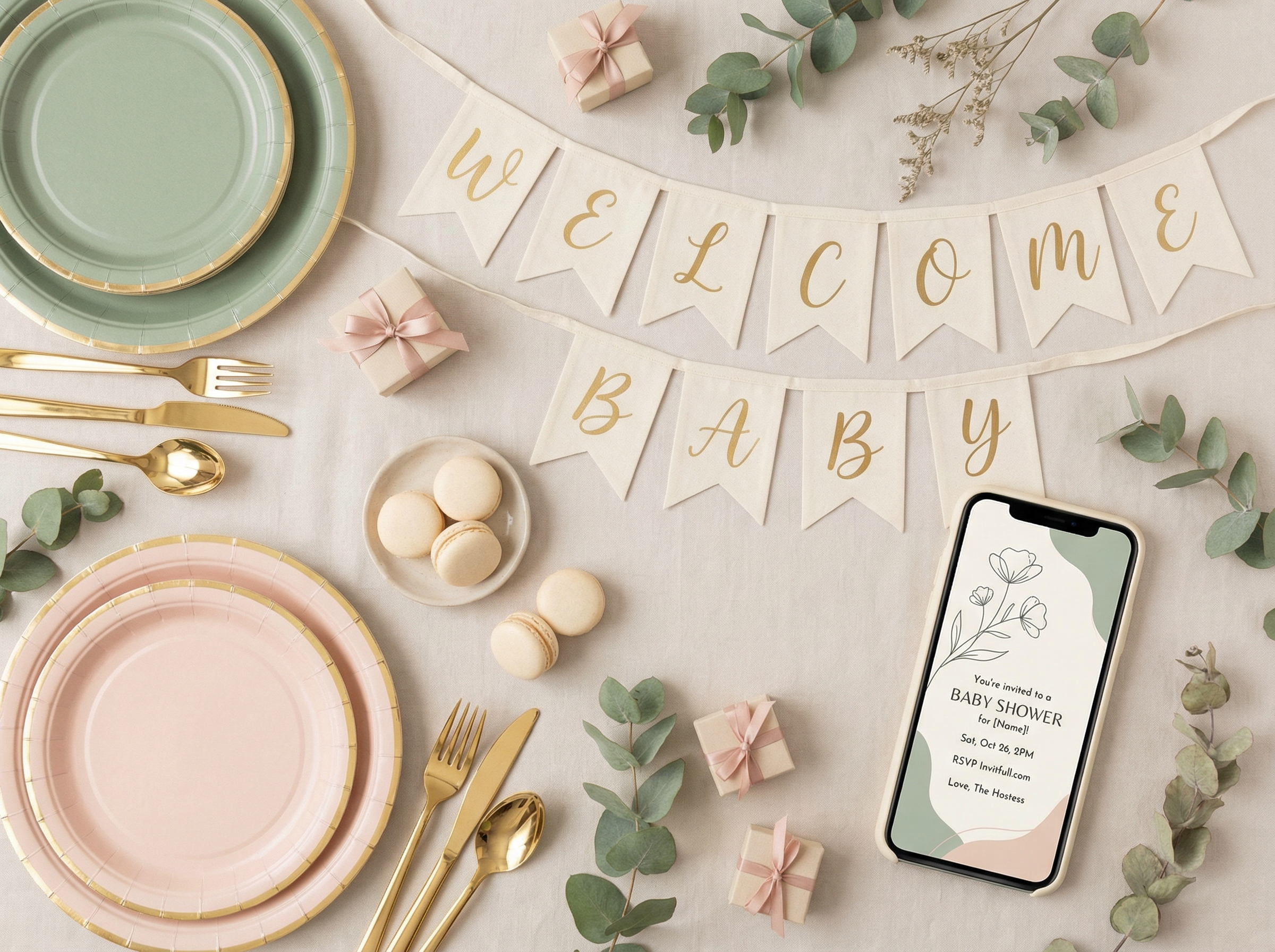 Aesthetic flat lay of baby shower party supplies and a smartphone showing a digital invitation.