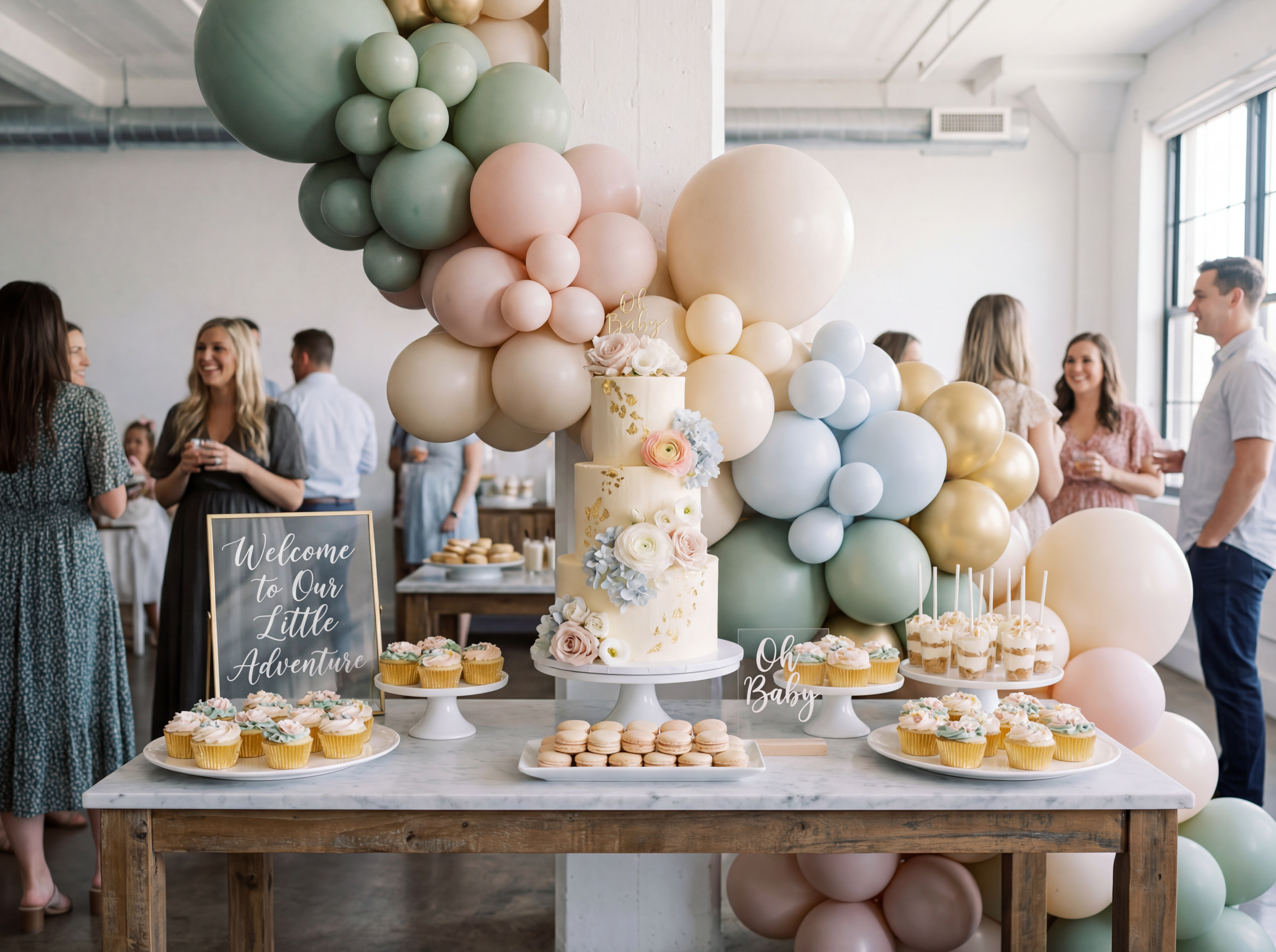 Beautifully decorated dessert table at a modern baby shower with elegant decor and a balloon garland.
