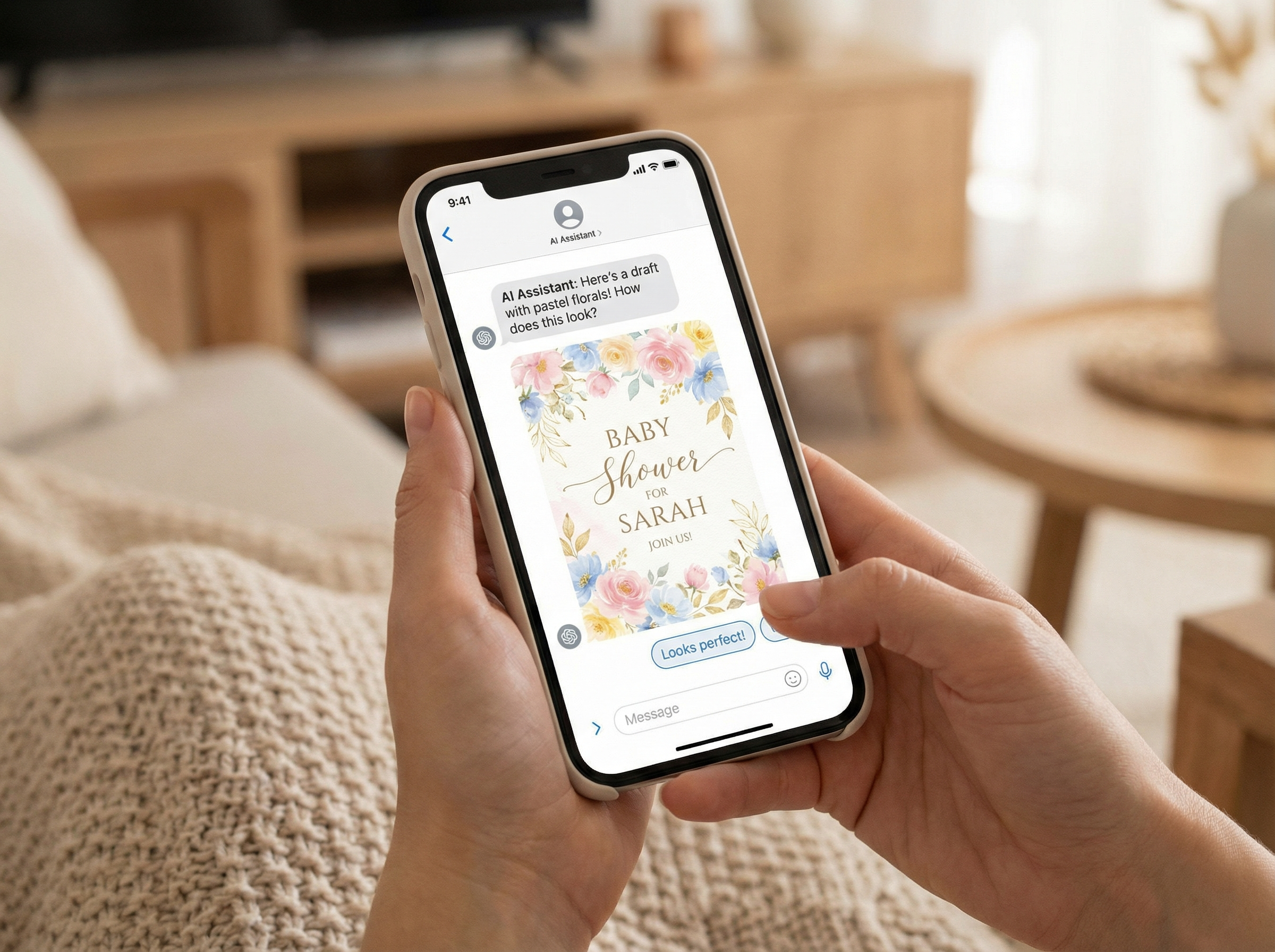 Person using a smartphone to create a digital baby shower invitation via an AI chat interface.