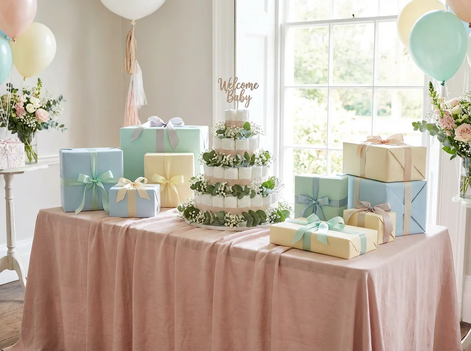 Beautifully arranged baby shower gift table coordinated by an ai party coordinator baby shower