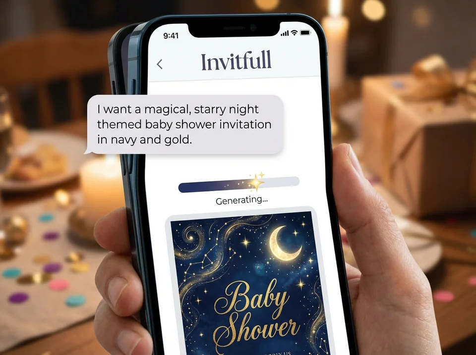 Creating a baby shower invitation on a smartphone using an ai baby shower planner chat interface