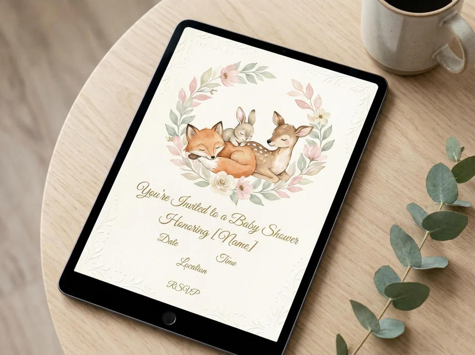 Stunning digital baby shower invitation created with an ai baby shower planner featuring woodland animals
