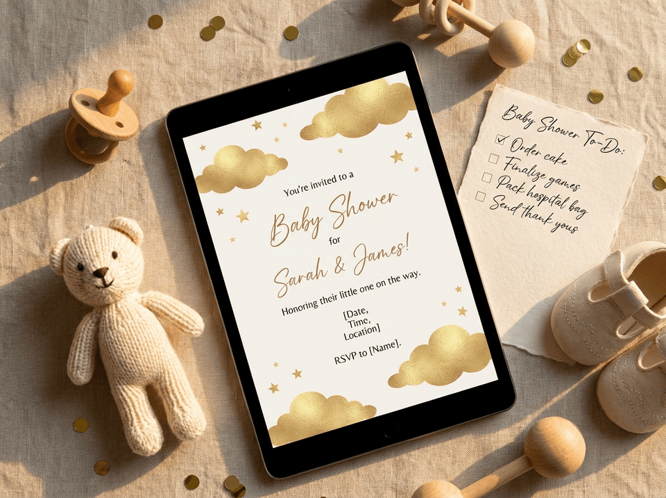 Elegant digital baby shower invitations displayed on tablet surrounded by cute baby items