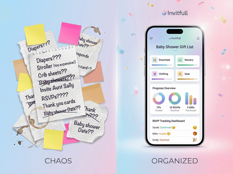 Comparison of messy planning vs organized baby gift list management with AI