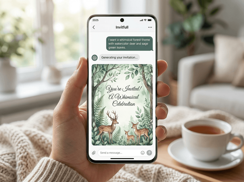 Invitfull mobile chat interface demonstrating easy baby shower planning ai creation flow