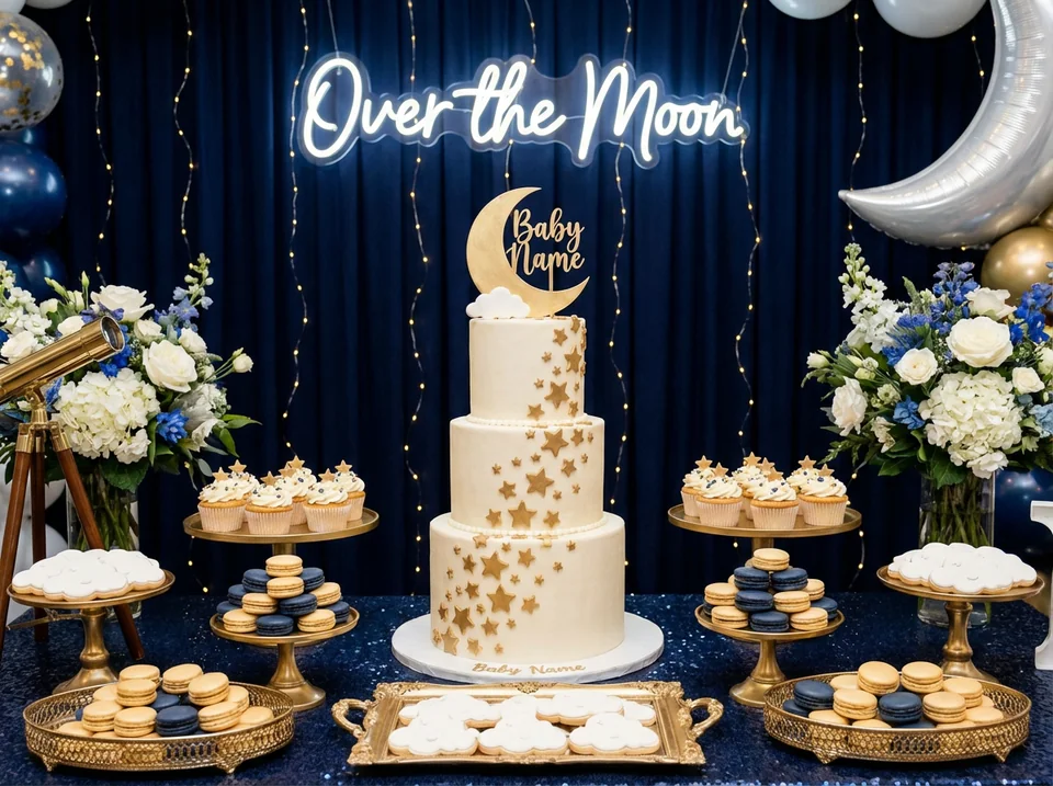 Over the moon baby shower decor ideas with celestial themed dessert table
