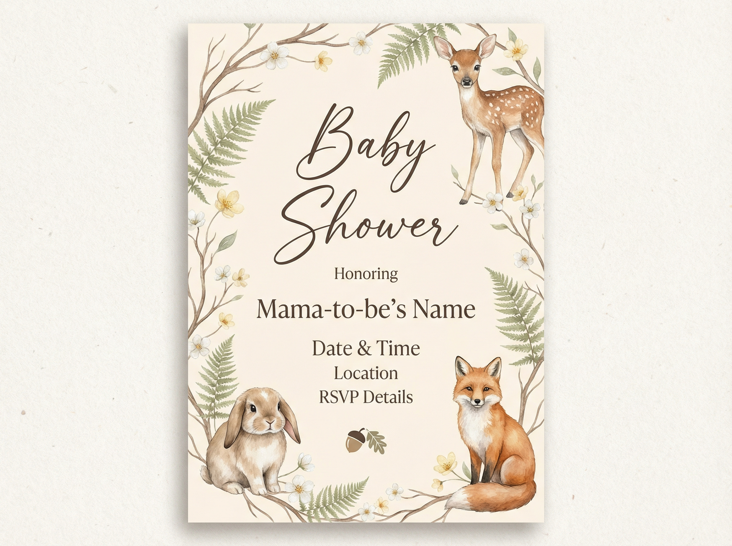 Example of themed baby shower invitations featuring woodland creatures