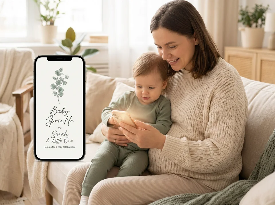 Mother creating baby sprinkle invitations on mobile phone while holding toddler