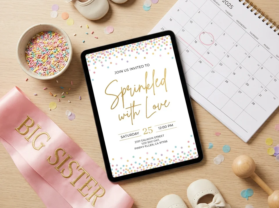 Elegant baby sprinkle invitation wording displayed on tablet with party accessories
