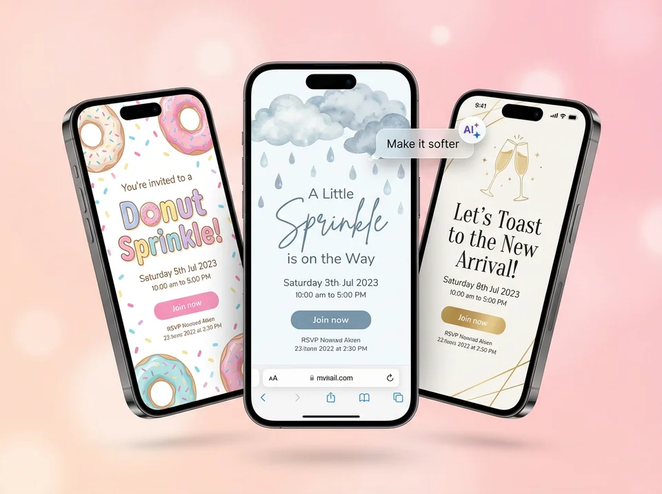 Three styles of second baby shower invite themes displayed on mobile screens
