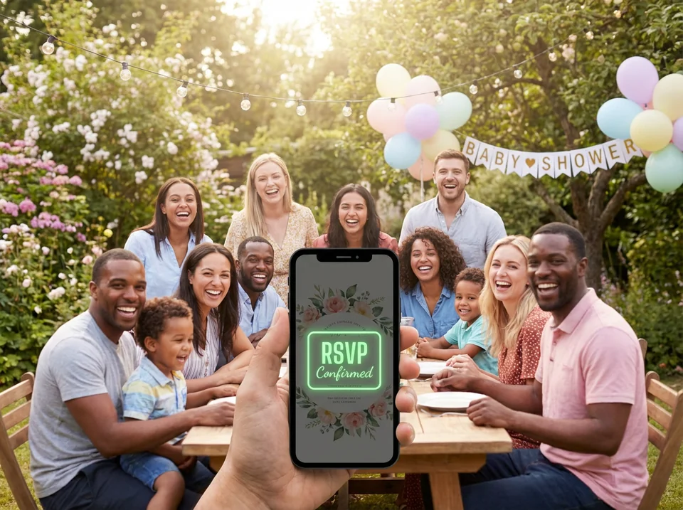 Friends and family celebrating at a party after receiving family baby shower invitations