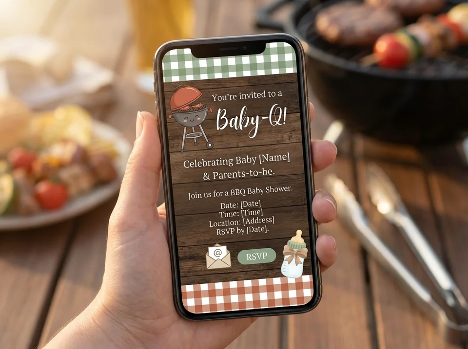 Rustic Baby-Q themed coed baby shower invitations displayed on a mobile screen