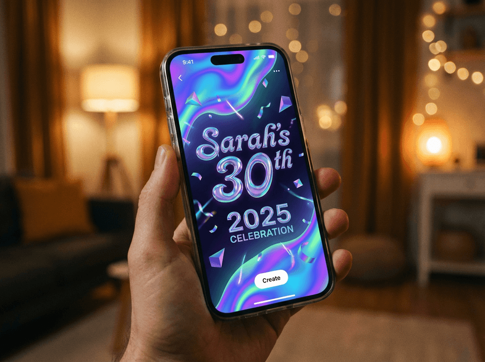 AIデザインのインスピレーションを示す、スマホ上の近未来的なネオンの誕生日招待状