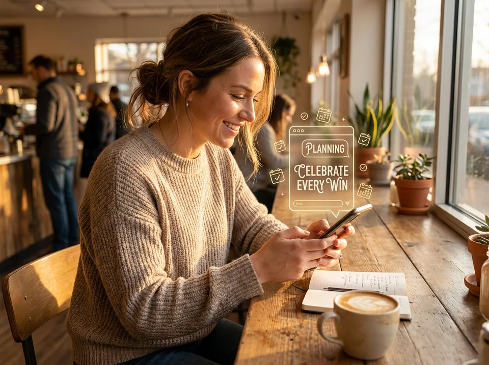Parent creating online birthday invites for kids easily on a mobile phone in a coffee shop