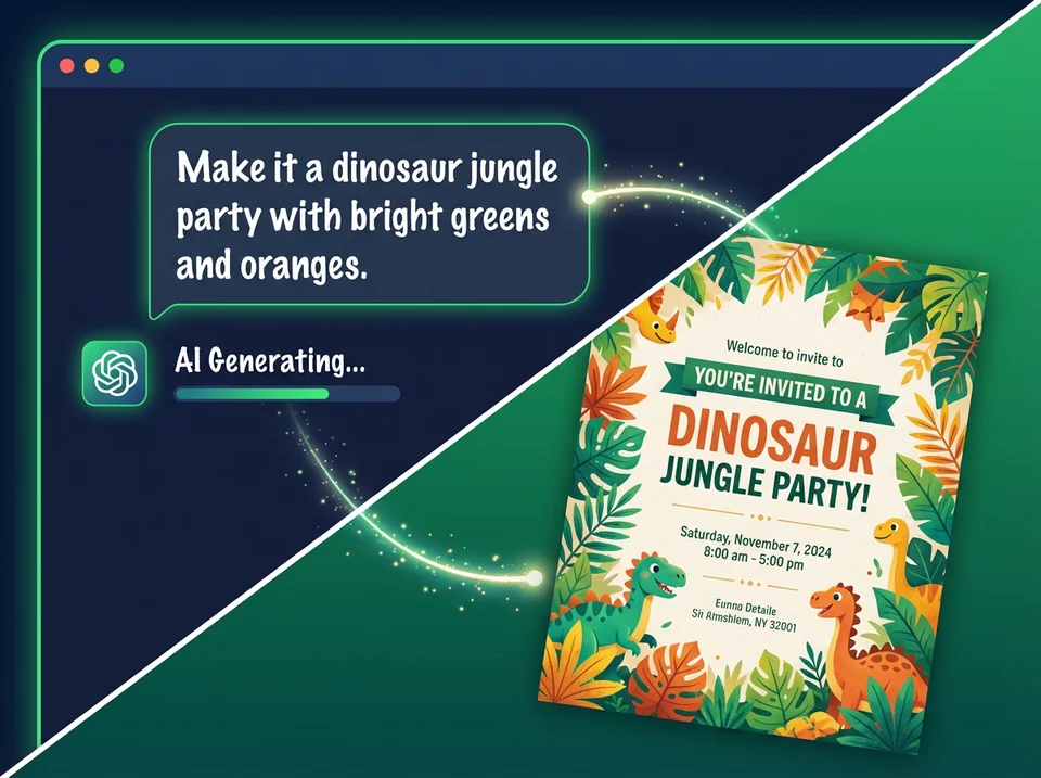 Chat interface showing how to create a paperless kids birthday invite using simple text descriptions