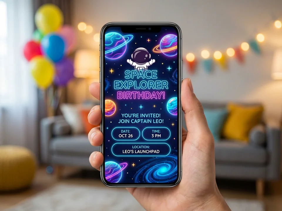 Stunning space-themed digital kids birthday invitations displayed on a smartphone screen