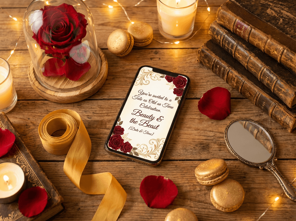 Elegant belle themed invitation on a phone screen surrounded by red roses and vintage books