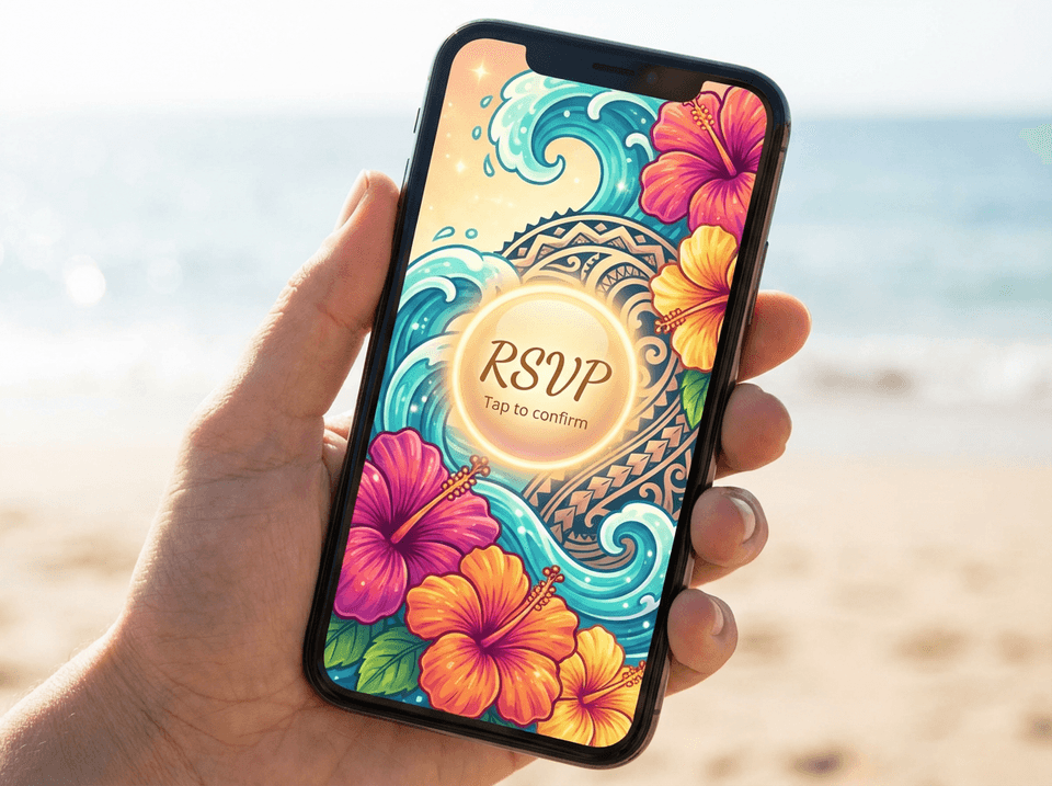 Close up of a moana birthday invite showing vibrant tropical details and an easy RSVP button
