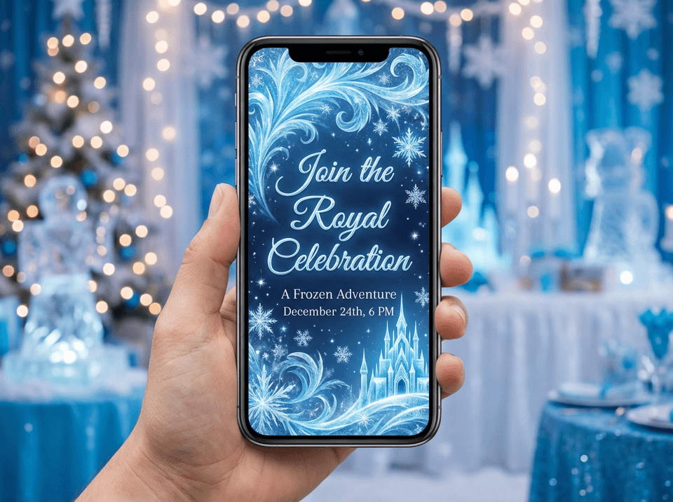 Mobile phone displaying a custom elsa birthday card design with ice crystals and magical blue hues
