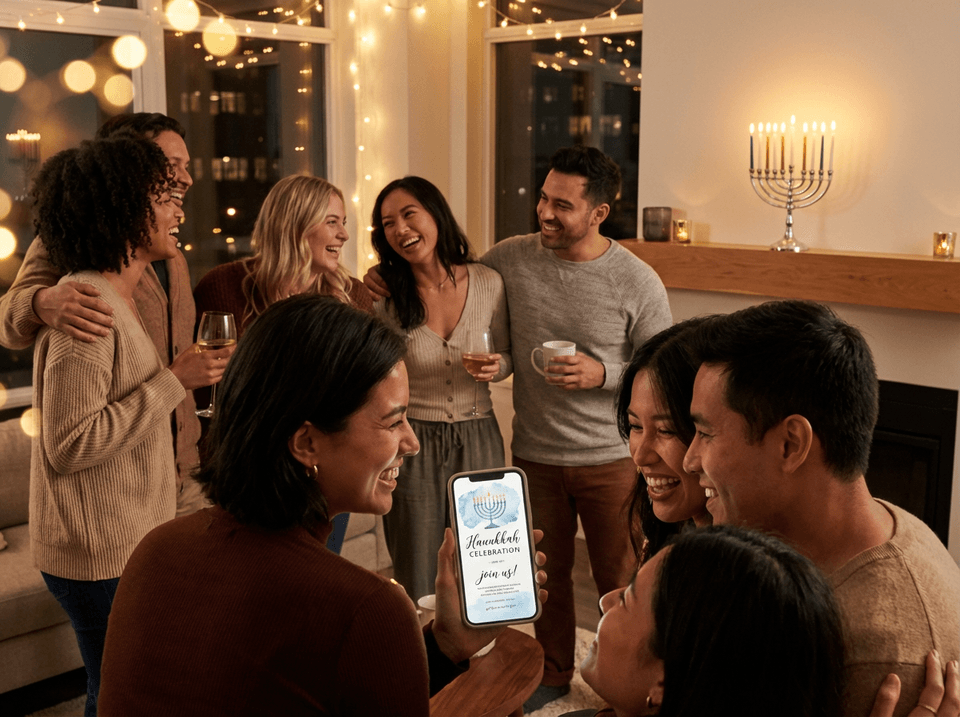 Friends celebrating at a party organized with a handmade jewish holiday card digital design