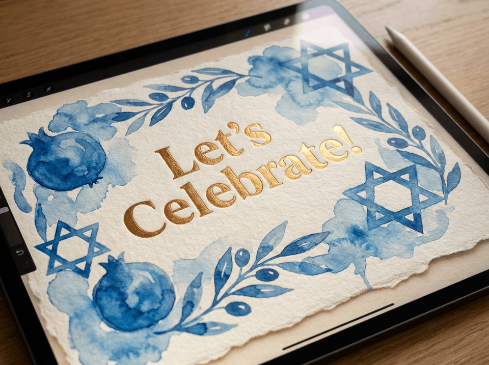 Close up of a digital diy hanukkah invitations design showing realistic paper texture and gold foil effects