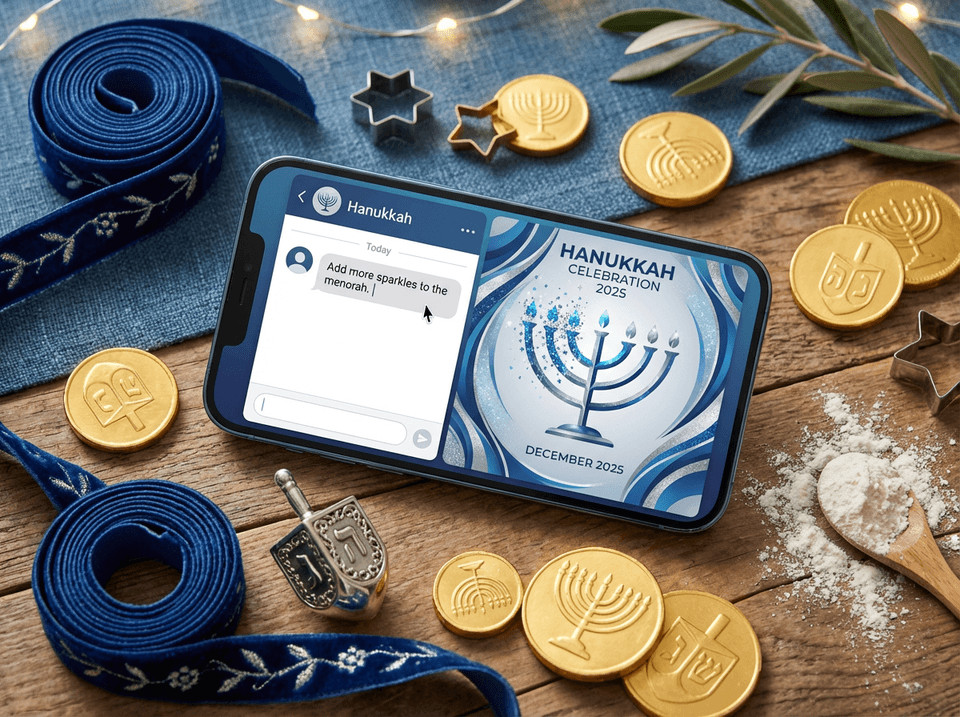 Smartphone showing how to craft hanukkah invite designs using AI chat interface surrounded by holiday decor