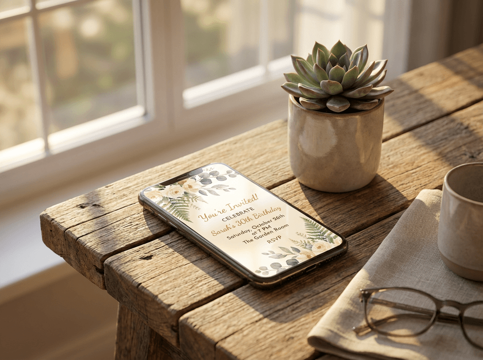 植物のデザインが施されたスマートフォンの画面に表示される、エレガントで持続可能なデジタル招待状