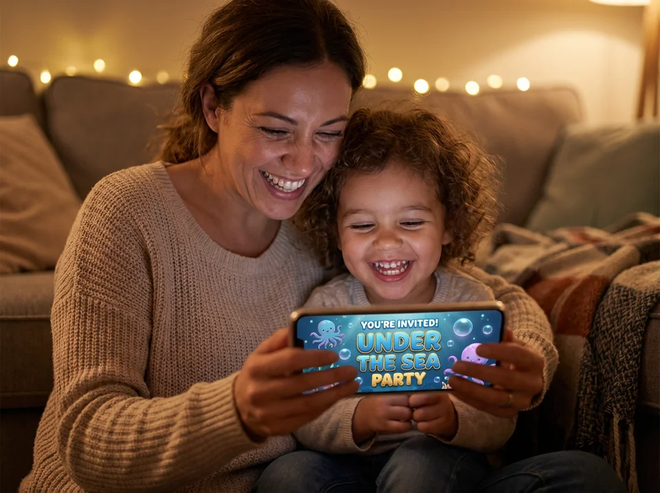 Mother and child designing a kids birthday evite using chat on a mobile phone