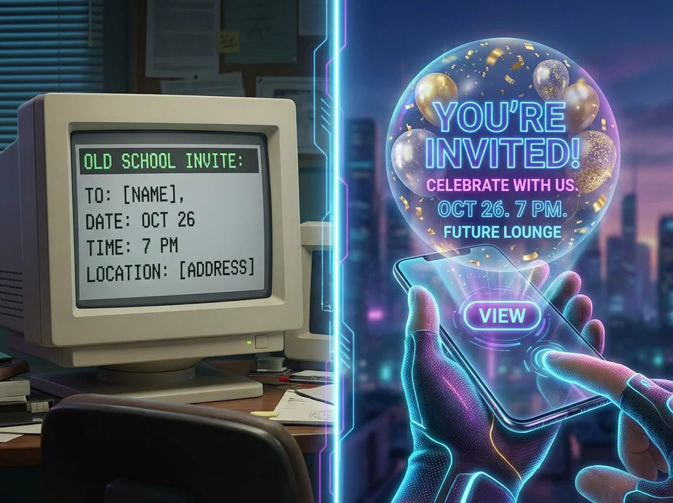 Comparison between outdated evite birthday invitations and modern AI-powered mobile invitations