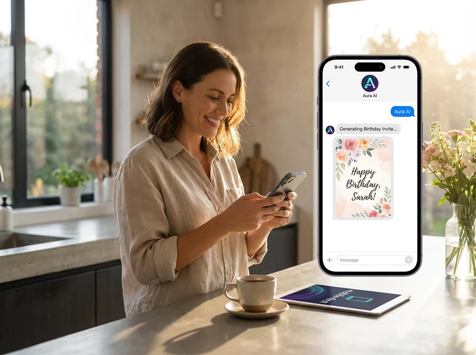 Woman creating invitation via chat on phone - better than evite experience