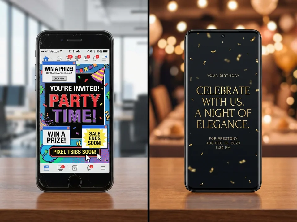 Side by side comparison showing evite ads vs no ads on mobile screens