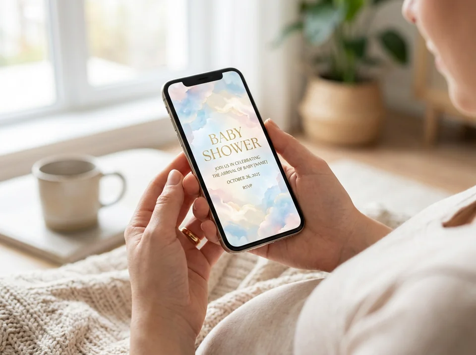 Mother viewing first baby shower invitations on mobile phone