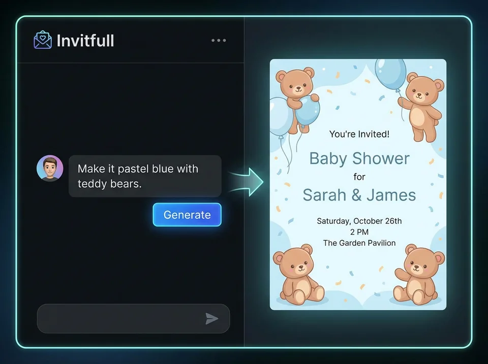 Chat interface creating simple baby shower invitations via AI