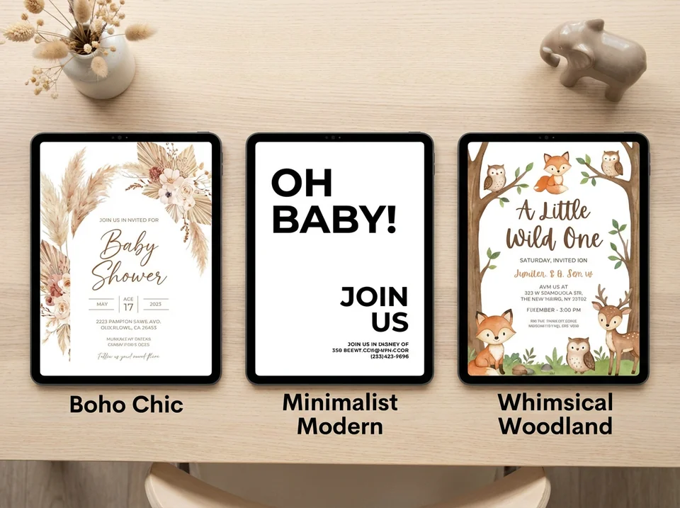 Collection of creative baby shower invite ideas including boho and modern styles