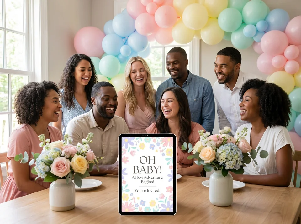 Guests admiring a stunning baby shower invitation at a celebration
