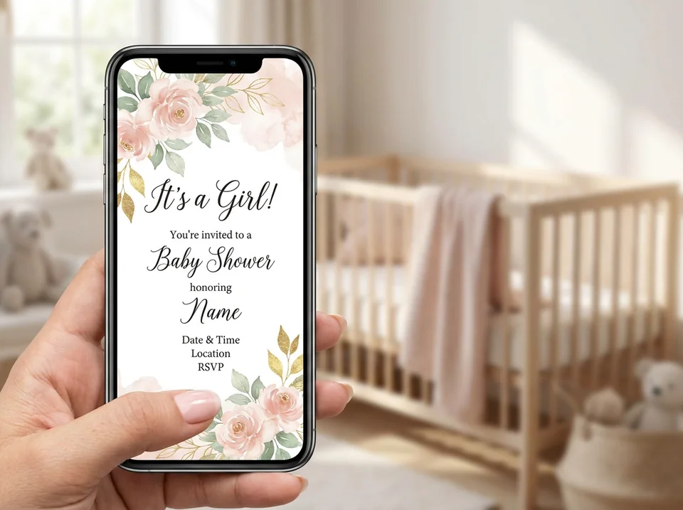 Modern first baby shower invitations displayed on a smartphone screen