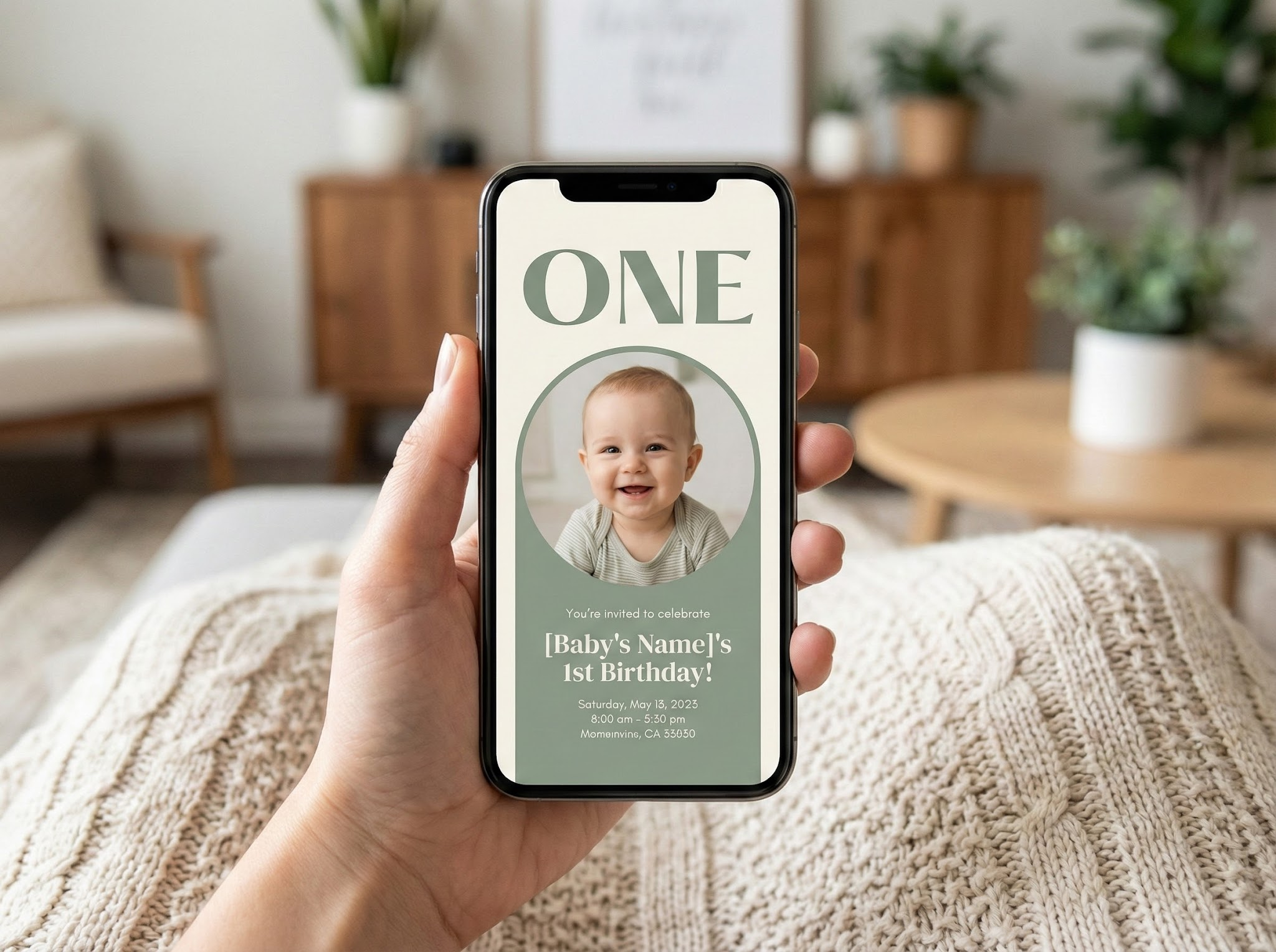Modern minimalist 1st birthday invitation ideas displayed on a mobile phone screen