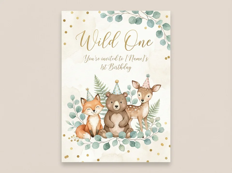 Watercolor woodland animal themed baby first birthday invite with gold accents