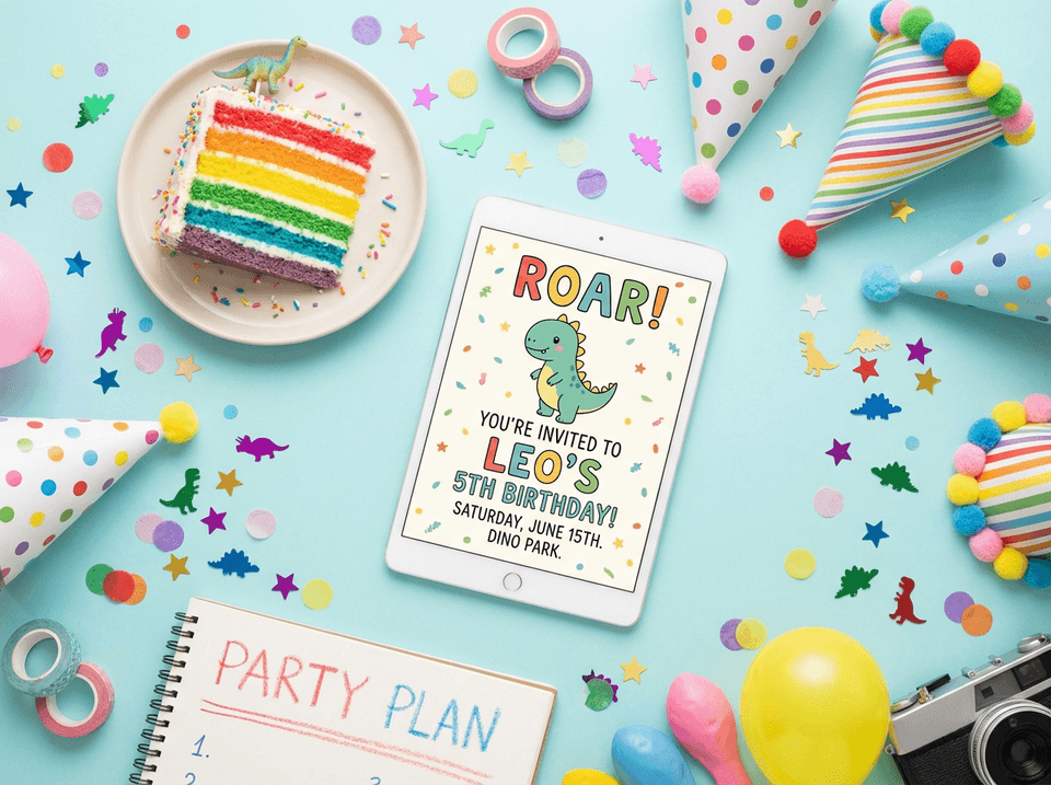 パーティーグッズに囲まれた、カラフルな恐竜の子供用誕生日招待状を表示しているタブレット