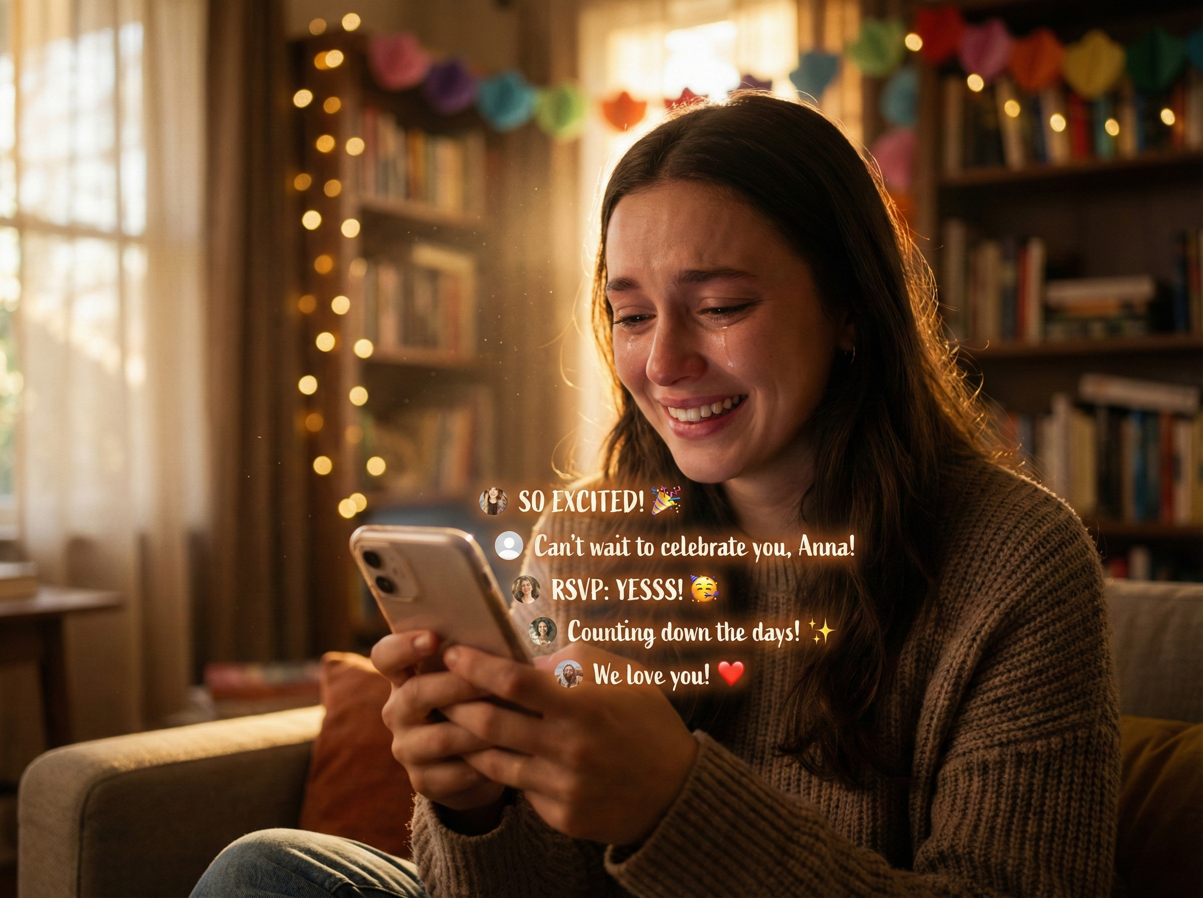 Woman smiling joyfully while reading RSVP responses from her evite free online invitations