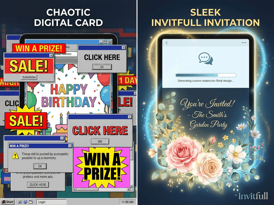 ごちゃごちゃしたアプリとInvitfullのようなクリーンな広告なし招待状ツールの比較