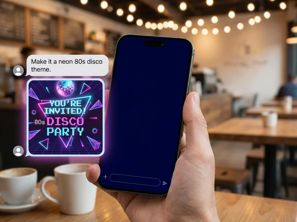Smartphone showing chat-based interface for free ai party planning and design generation