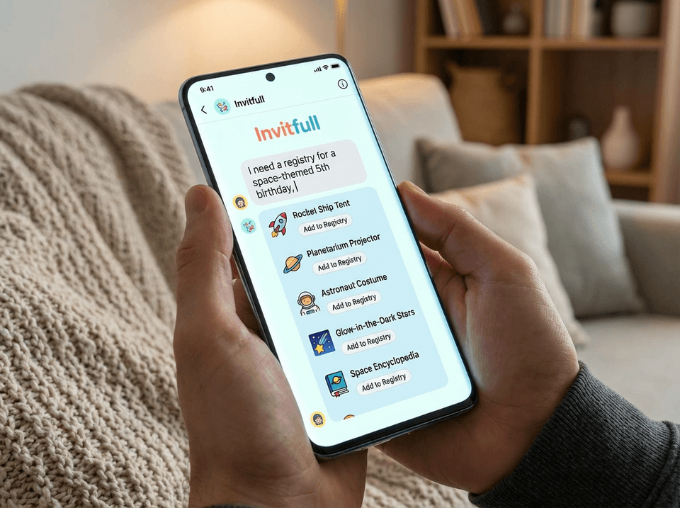 バースデーパーティー用のAIギフトレジストリを作成しているInvitfullのチャット画面を表示したスマートフォン
